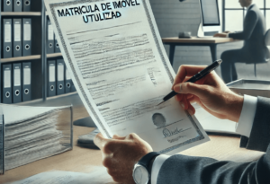 pessoa em uma mesa de escritório moderno, revisando um documento de propriedade intitulado "Matrícula de Imóvel Atualizada". A pessoa está conferindo detalhes e fazendo anotações, com outros papéis legais e um computador na mesa. O escritório é bem organizado, com estantes contendo arquivos e documentos, destacando a importância de manter os registros de imóveis atualizados. A atmosfera é profissional e calma, refletindo o processo legal de atualização de informações de propriedade.