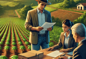 agricultor revisando documentos com um advogado sobre o usucapião rural especial em uma propriedade rural. Ao fundo, a terra cultivada é visível, representando a exploração produtiva da terra. A cena reflete o processo de regularização fundiária e a aquisição da posse definitiva de um imóvel rural por meio do usucapião, em um ambiente de tranquilidade e diálogo jurídico.