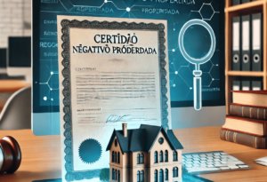 Ilustração de uma certidão negativa de propriedade sobre uma mesa, ao lado de um computador exibindo uma busca em registro de imóveis. O fundo apresenta livros de direito e um ambiente de escritório moderno, simbolizando conformidade legal e profissionalismo em transações imobiliárias.