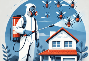 Ilustração do processo de dedetização, com um profissional usando equipamento de pulverização em um ambiente residencial. A imagem destaca a aplicação segura de produtos para controle de pragas, visando eliminar insetos e garantir a saúde no ambiente.