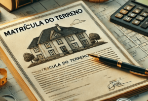 Ilustração de um documento de matrícula do terreno sobre uma mesa, acompanhado de uma caneta e ferramentas de medição. Ao fundo, um mapa e livros jurídicos simbolizam a informação detalhada e a conformidade legal associadas ao registro de propriedades.