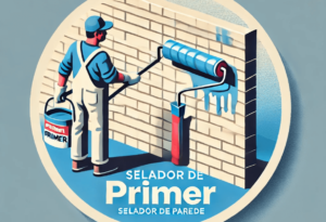 Ilustração de aplicação de selador de parede, mostrando uma pessoa usando um rolo para aplicar o selador em uma parede de alvenaria. A imagem destaca a importância do selador para preparar a superfície, proporcionando melhor aderência e uniformidade para a pintura final.