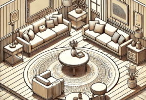 Ilustração de uma sala de estar com um tapete grande no centro, cercado por sofá e mesa de centro. A imagem destaca o conforto e a elegância que o tapete traz ao ambiente, delimitando o espaço e complementando a decoração com estilo.